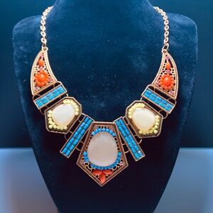Boho Tribal Geometric Southwestern mosaic bib style red blue gold tone necklace
